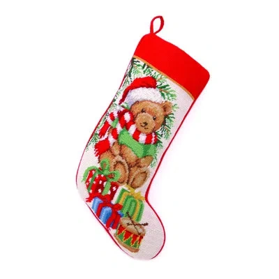 Peking Handicraft Teddy Bear Needlepoint Stocking In Brown;red;cream