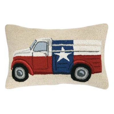 Peking Handicraft Texas Flag Truck Wool Hook Pillow - 14x22" In Blue;red;cream