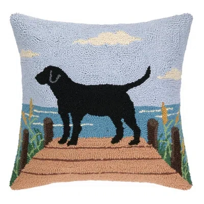 Peking Handicraft The Pillow Shoppe Black Lab On Dock Wool Hook Pillow With Removable Cover For Lake House Or Cabin, 1 In Blue;black