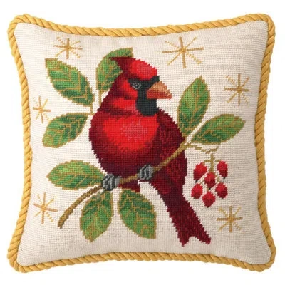 Peking Handicraft Winter Cardinal Needlepoint Holiday Throw Pillow - 12" Square In Red;cream