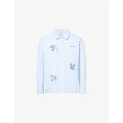 Pellador Mens Blue Striped Embroidered Cotton Shirt In Multi