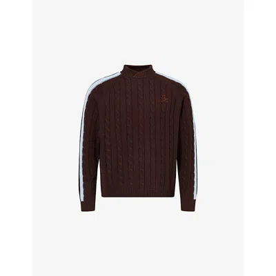 Pellador Mens Brown Stand-collar Cable-knit Cotton Jumper