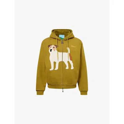 Pellador Mens Washed Green Dog Applique Relaxed-fit Cotton Hoodie