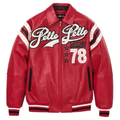 Pre-owned Pelle Pelle Encrusted Varsity Red Jacket | Plush Jacket Flight Leather Jacket
