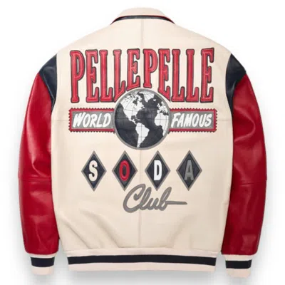 Pre-owned Pelle Pelle Men's  American Bruiser World Famous Soda Club Genuine Leather Jacket In White & Red
