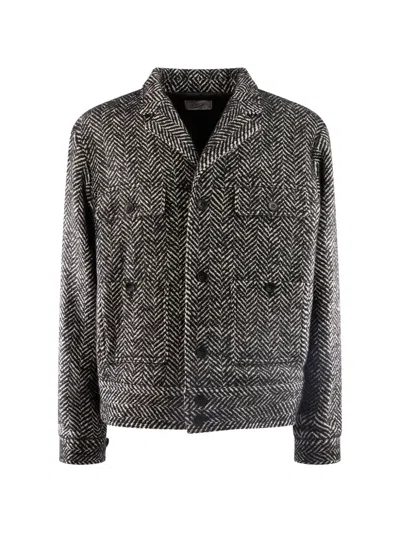 Pence Herringbone-pattern Button-up Blazer In Gray