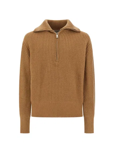 Pence Ribbed-knit Half-zip Sweater In Brown
