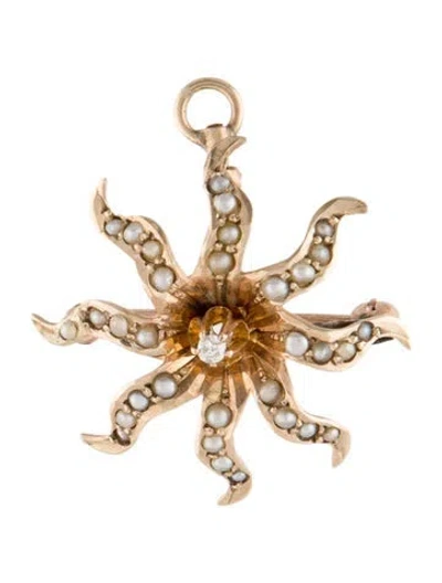 Pre-owned Pendant 10k Diamond & Pearl Flower  Brooch In Multi
