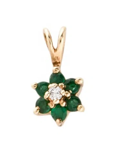 Pre-owned Pendant 10k Emerald & Diamond Flower , 0.5" In Multi