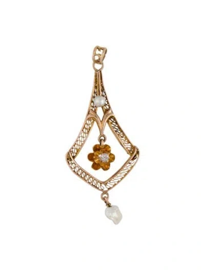 Pre-owned Pendant 10k Pearl & Diamond Open , 1.75" In Multi