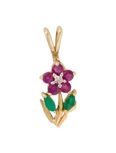 Pre-owned Pendant 10k Ruby, Emerald & Diamond Flower , 1" In Multi