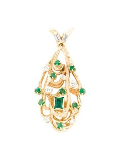 Pre-owned Pendant 14k 1.04ctw Emerald & Diamond Textured  In Multi