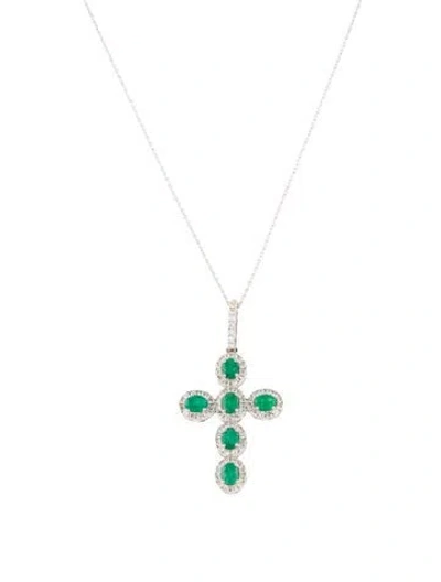Pre-owned Pendant 14k 1.25ctw Emerald & Diamond Cross  Necklace, 18" In Multi