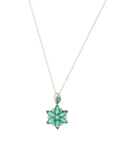 Pre-owned Pendant 14k 1.25ctw Emerald & Sapphire Flower  Necklace, 18" In Multi