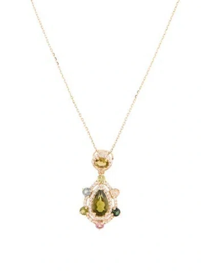 Pre-owned Pendant 14k 1.32ctw Tourmaline & Sapphire  Necklace, 18" In Multi