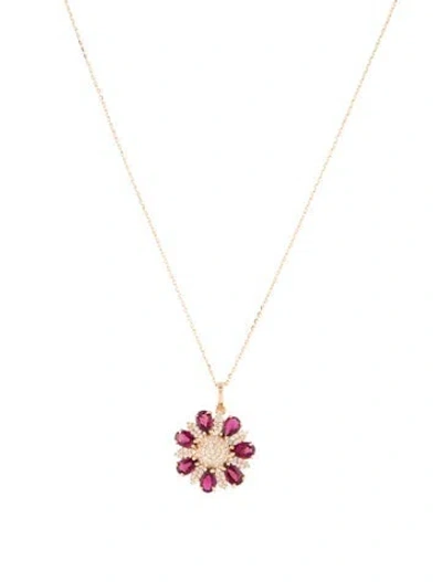 Pre-owned Pendant 14k 1.47ctw Tourmaline & Sapphire Flower  Necklace, 17.75" In Multi