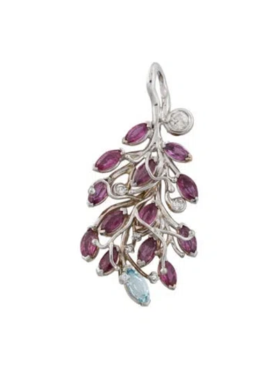 Pre-owned Pendant 14k 1.65ctw Ruby, Topaz & Diamond Leaf Drop  In Multi