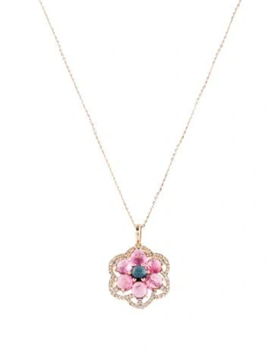 Pre-owned Pendant 14k 2.75ctw Tourmaline & Sapphire Flower  Necklace, 18" In Multi