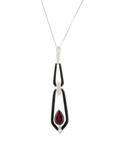 Pre-owned Pendant 14k 3.85ct Garnet, Diamond & Enamel  Necklace, 17.75" In Multi