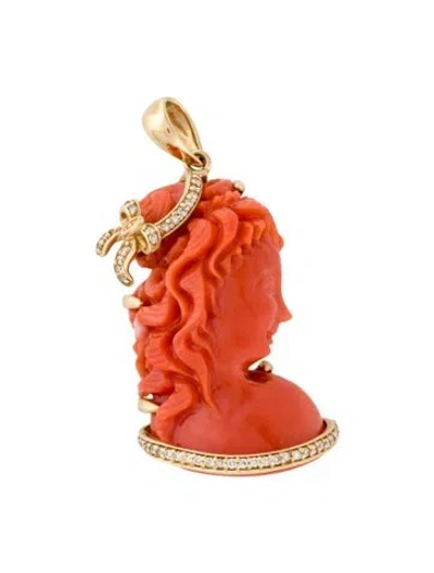 Pre-owned Pendant 14k Carved Coral & Diamond  In Multi