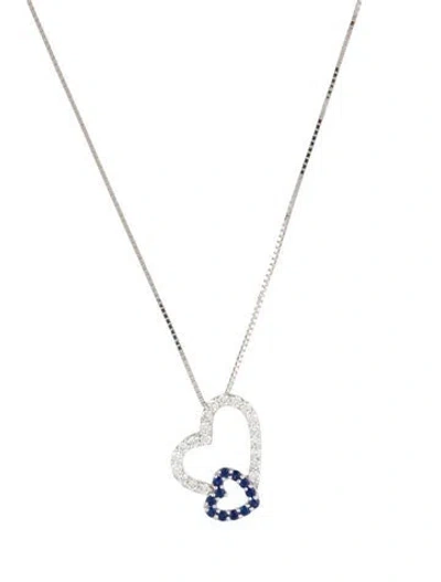 Pre-owned Pendant 14k Diamond & Sapphire Double Heart  Necklace, 18" In Multi