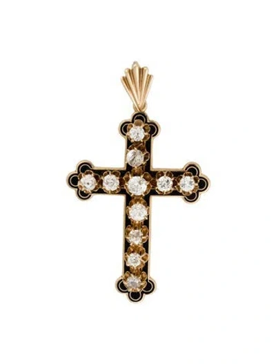 Pre-owned Pendant 14k Diamond Enamel Cross , 2.5" In Black