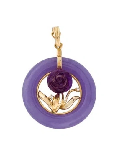 Pre-owned Pendant 14k Dyed Jadeite, Amethyst & Diamond Flower , 1.75" In Multi