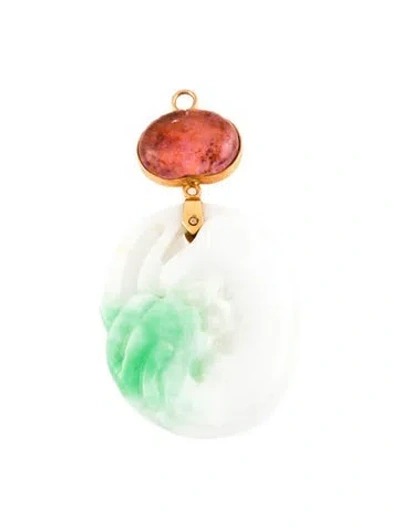 Pre-owned Pendant 14k Dyed Jadeite & Tourmaline Bezel, 1.75" In Multi