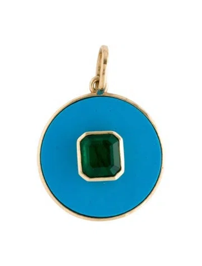 Pre-owned Pendant 14k Emerald & Composite Turquoise  In Multi