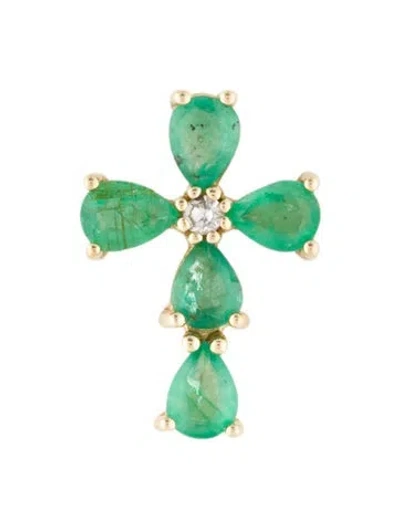 Pre-owned Pendant 14k Emerald & Diamond Cross  In Multi