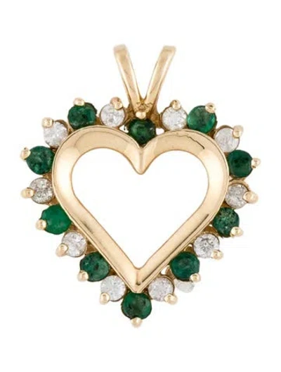Pre-owned Pendant 14k Emerald & Diamond Heart , 1" In Multi