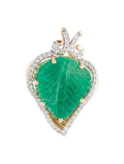 Pre-owned Pendant 14k Emerald & Diamond Leaf  In Multi