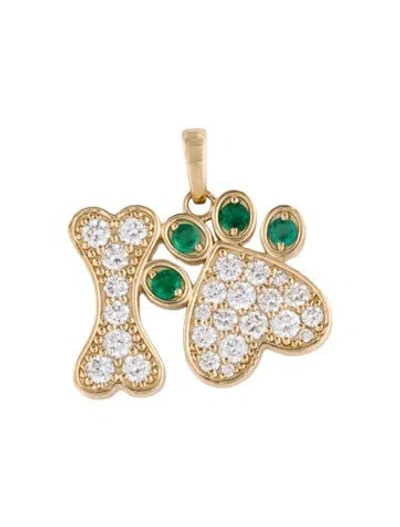 Pre-owned Pendant 14k Emerald & Lab-grown Diamond Dog Bone & Paw  In Multi