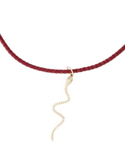 Pre-owned Pendant 14k Emerald, Diamond & Cord Snake Collar  Necklace, 15" In Red