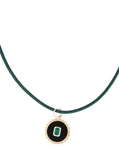 Pre-owned Pendant 14k Emerald, Onyx & Leather  Necklace, 15.75" In Green