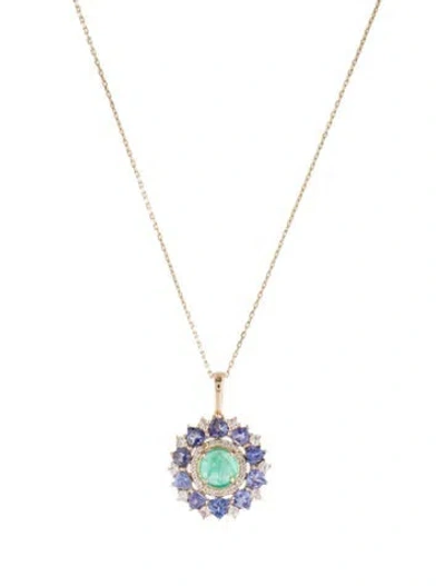 Pre-owned Pendant 14k Emerald, Sapphire & Tanzanite  Necklace, 18" In Multi