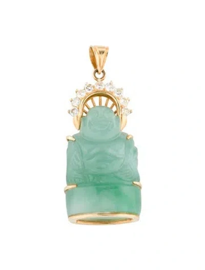 Pre-owned Pendant 14k Jadeite & Diamond Buddha  In Multi