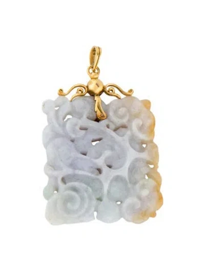 Pre-owned Pendant 14k Jadeite Feline Carved, 2.5" In Multi
