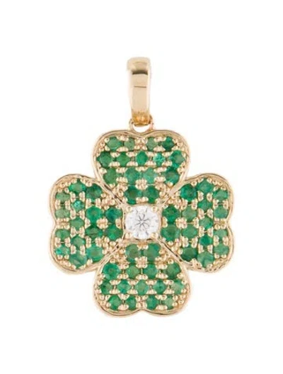 Pre-owned Pendant 14k Lab-grown Diamond & Emerald Clover , 1" In Multi