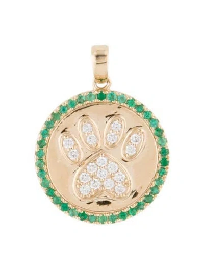 Pre-owned Pendant 14k Lab-grown Diamond & Emerald Dog Paw , 0.75" In Multi
