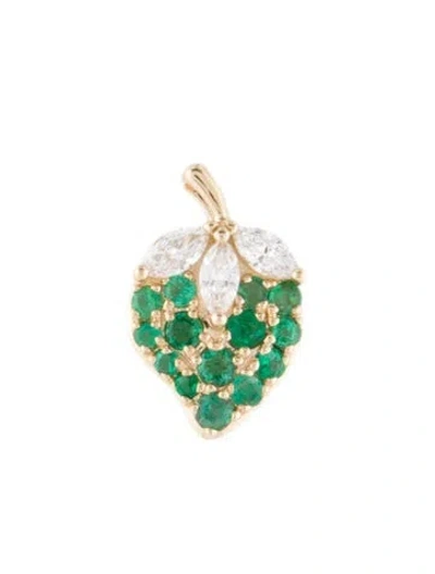 Pre-owned Pendant 14k Lab-grown Diamond & Emerald Strawberry , 0.5" In Multi