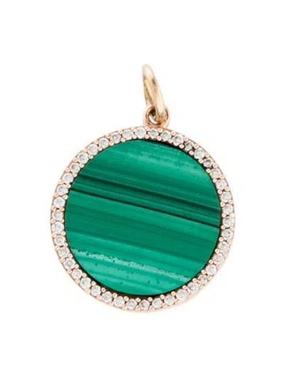 Pre-owned Pendant 14k Malachite & Diamond Disc  In Multi