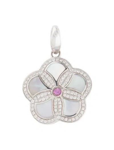 Pre-owned Pendant 14k Mother Of Pearl, Sapphire & Diamond Flower  In Multi