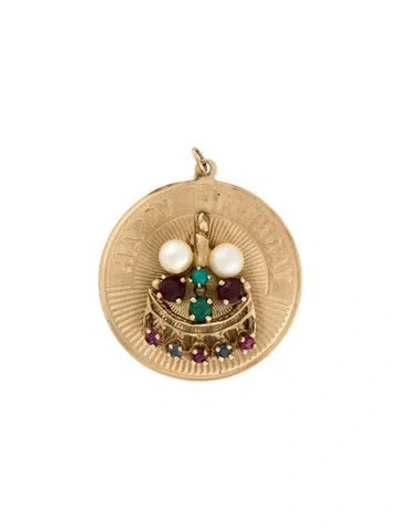 Pre-owned Pendant 14k Multi-stone & Pearl 'happy Birthday'