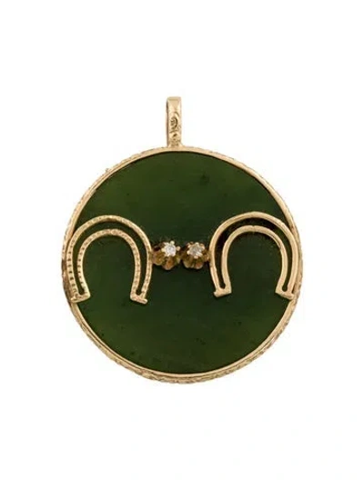 Pre-owned Pendant 14k Nephrite & Diamond , 2" In Multi