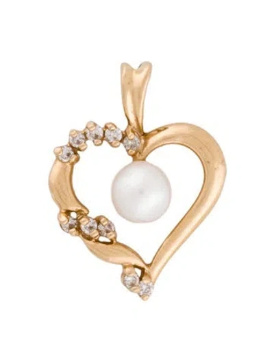 Pre-owned Pendant 14k Pearl & Diamond Heart , 1" In Multi