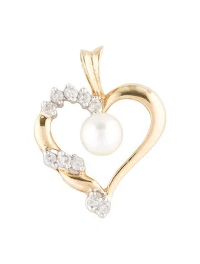 Pre-owned Pendant 14k Pearl & Diamond Heart  In Multi