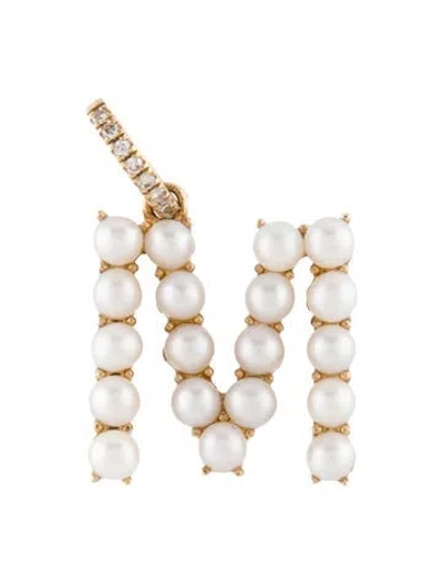 Pre-owned Pendant 14k Pearl & Diamond Initial 'm' , 1" In White