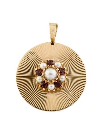 Pre-owned Pendant 14k Pearl & Garnet  Necklace, 1.5" In Multi