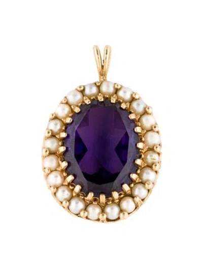 Pre-owned Pendant 14k Pearl & Synthetic Sapphire  In Multi